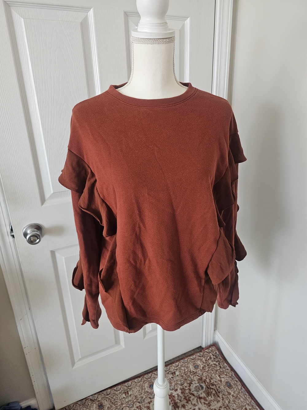 a new day Rust Ruffle-Sleeve Crewneck Sweatshirt